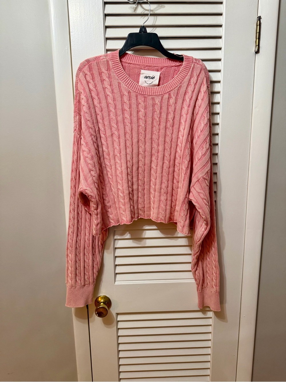 aerie Soft Pink Cable Crewneck Sweater